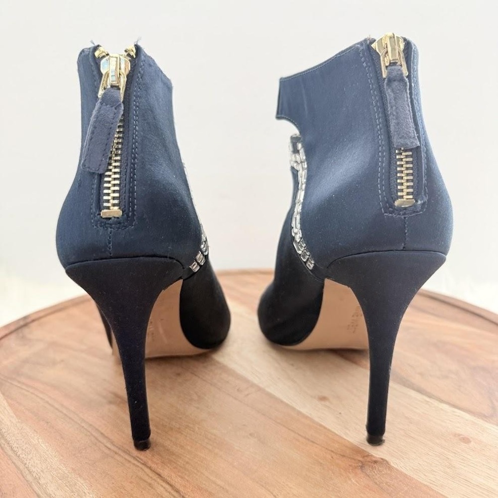 Nine West Navy Blue Satin Crystal Embellished Peep Toe Booties Heels Size 7M - Picture 5 of 12